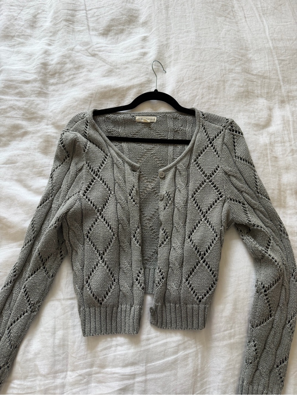 Aeropostale Light Gray Openwork Cable Knit Cropped Cardigan